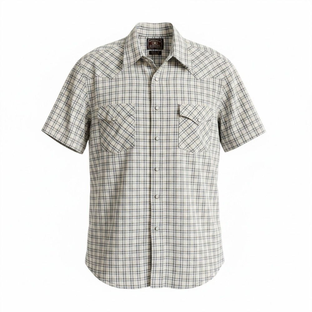 Lucky Brand Pearl Snap Shirt Mens L Off White Plaid Western Short Sleeve Rugged